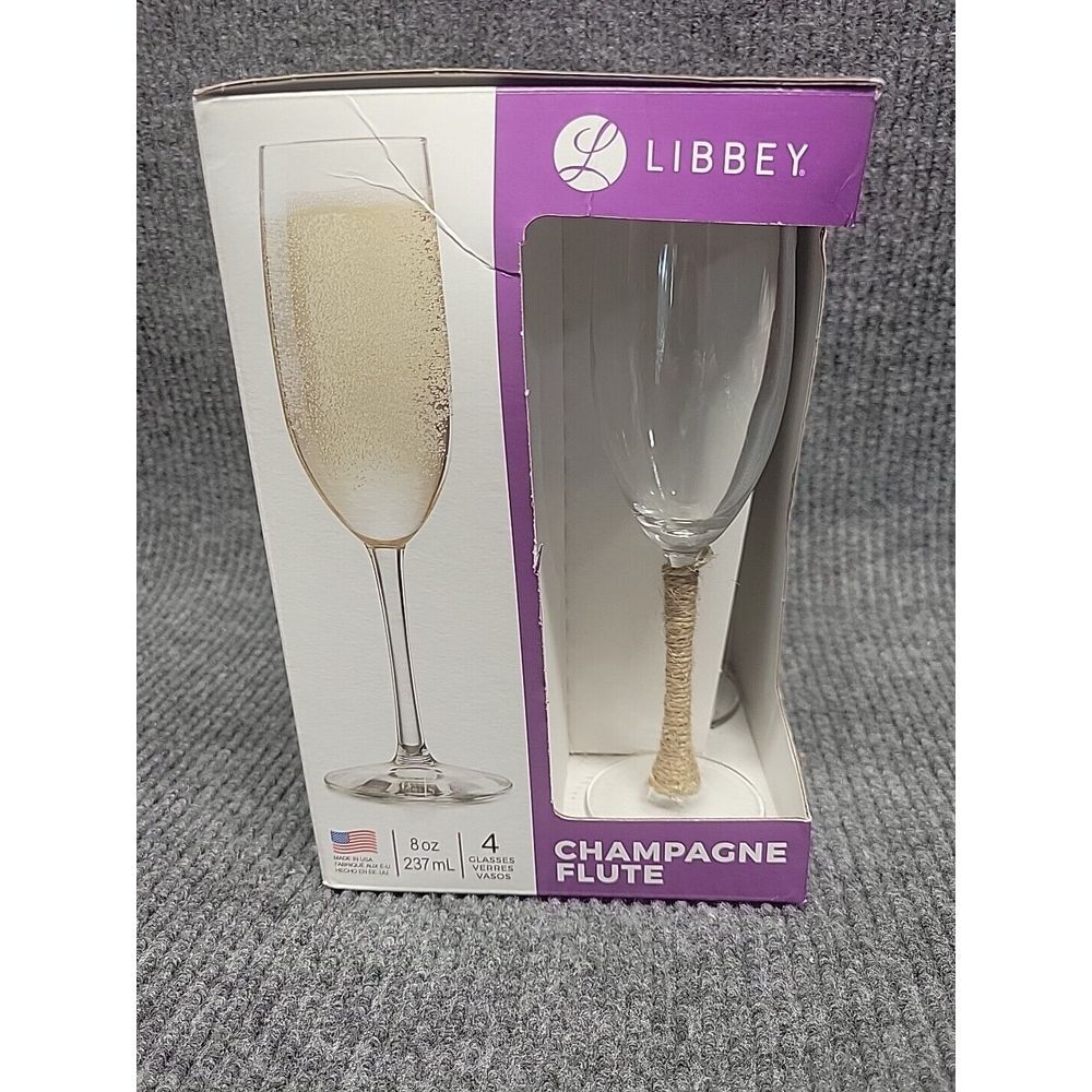 Libbey Champagne Flute Set of 4 Clear Glass 8oz Twine Wrapped Rustic Wedding